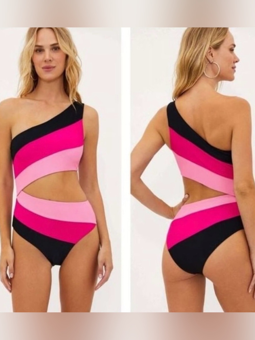 NWT Beach Riot One-Shoulder Colorblock Swimsuit in Hot Pink, Light Pink & Black